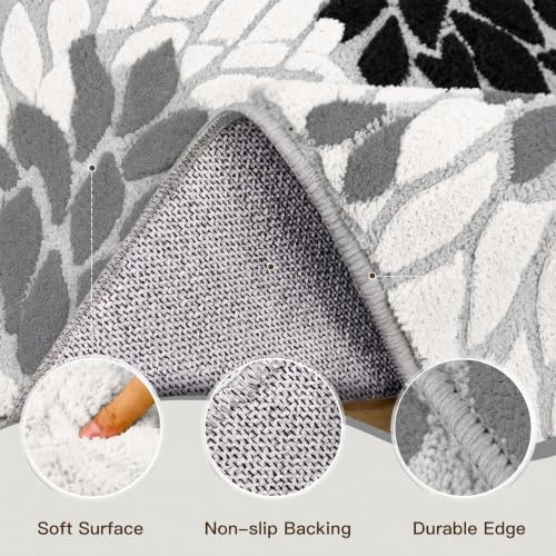 Arenarug 5x7 Grey White Black High-Low Plush Washable Area Rug - Floral Design