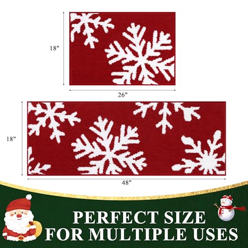 Christmas Bathroom Rugs Set 2 Piece Non Slip Microfiber Shaggy Snowflake Bath Mats - 18x26 + 18x48 Inches