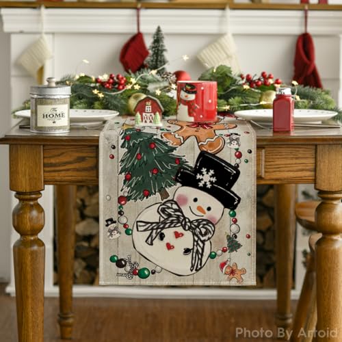 Snowman Gingerbread Table Runner 13x60 Inch Home Decor - Wood Variation