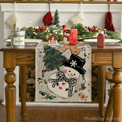 Snowman Gingerbread Table Runner 13x60 Inch Home Decor - Wood Variation