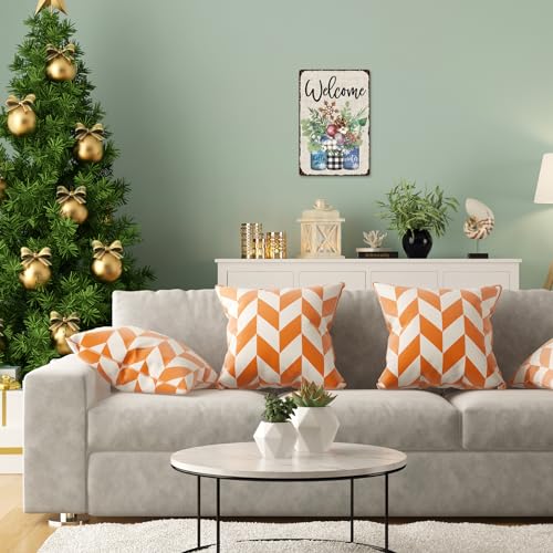 Winter Retro Tin Sign with Plants Snowflakes Welcome Christmas Wall Art 12x8