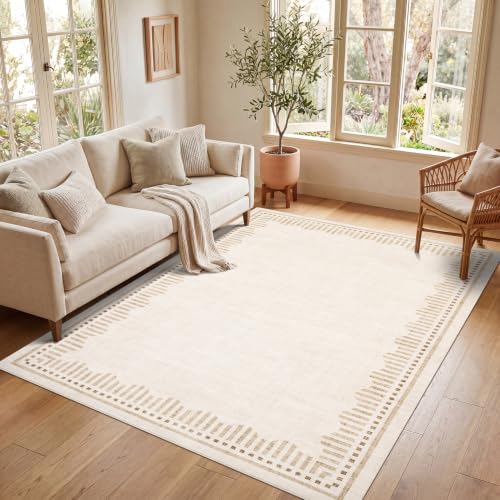 Large 5x7 Washable Area Rug - Non-Slip Beige Scalloped Border