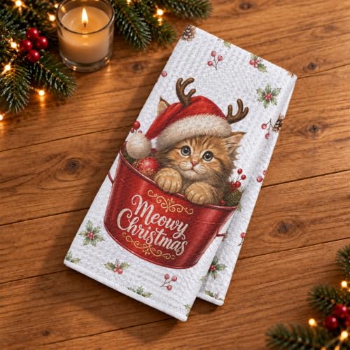 4 Pcs Reusable Cat Christmas Kitchen Towels - Cute Holiday Hand Towels, Multi 1834