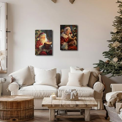 Christmas Wall Art Santa and Mrs Claus Canvas Prints 16x24 Inches - Framed Holiday Decor Set of 2