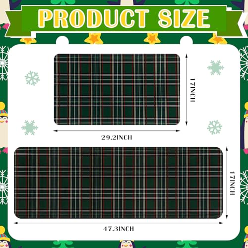 Green Tartan Christmas Kitchen Mat Set - Holiday Door and Floor Rugs