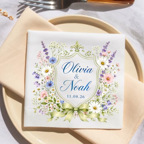 GiveSmiles Personalized Wildflower Wedding Cocktail Napkins with Names & Date - Style 7