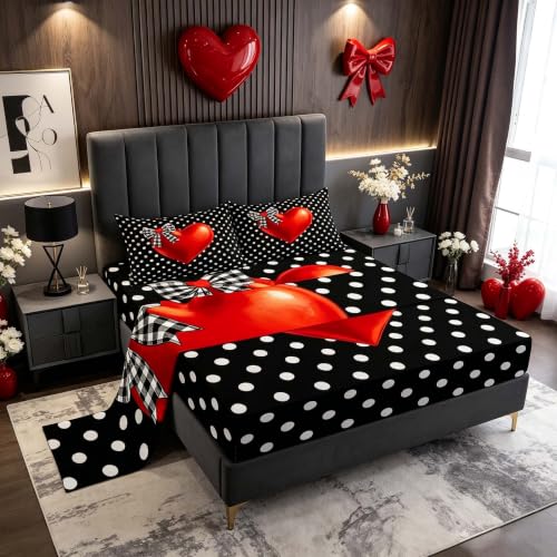 Full Size Polka Dot Hearts Bed Sheet Set for Girls and Boys - Black