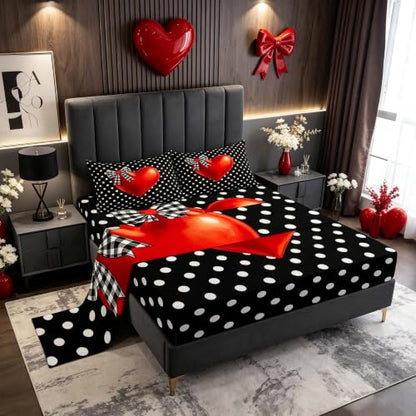 Full Size Polka Dot Hearts Bed Sheet Set for Girls and Boys - Black