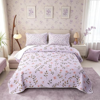 Lilac Twin Floral Quilt Set for Kids & Hot Sleepers - Breathable Polyester