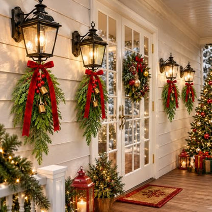 Christmas Teardrop Swag Set with Bows - 6 Mini Norfolk Pine & Cedar Decor with Bells - Red/6 Variation