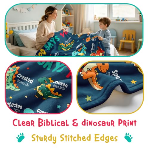 Baptism Dinosaur Blanket for Boys - Soft 40x50in Religious Gift with Bible Verses - Variation of Baptism-Dinosaur / 50x40in