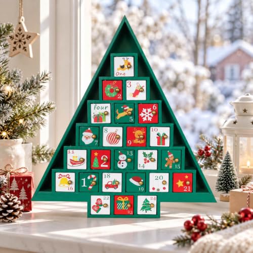 Wooden Christmas Advent Calendar with 24 Drawers - Holiday Countdown Decor