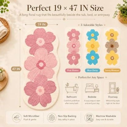 Pink Flower Bath Mat - 19x47 Inch Non-Slip Water-Absorbent Rug for Bathroom & Bedroom (Pink-C)