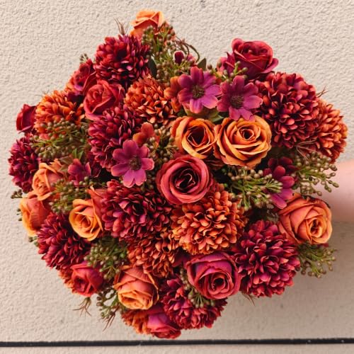 Artificial Fall Flowers Bouquet - Orange Red Silk Faux Arrangement, 8 Pack Variation