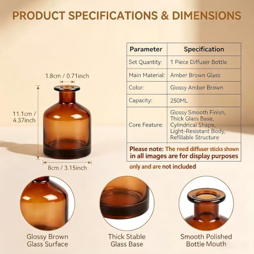 Amber Glass Reed Diffuser Bottle - 8.4oz Fragrance Container