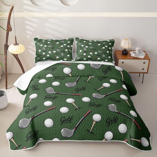 Deep Green Twin Golf Quilt Set for Kids Boys & Girls - Lightweight Bedding with Pillowcase