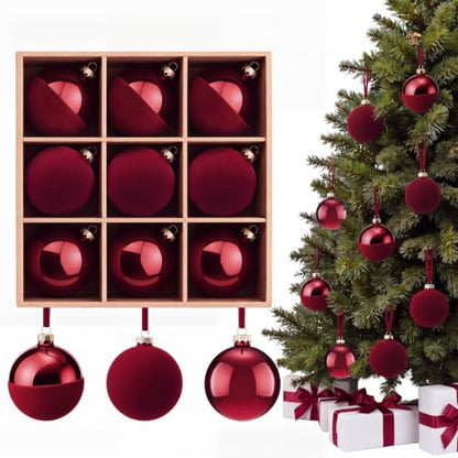 Large Burgundy Christmas Ball Ornament Set - 3.15 Inch Luxury Holiday Decor - 9 Pieces - Variation of Burgundy