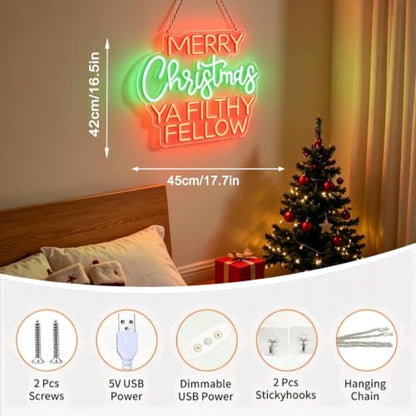 Merry Christmas Ya Filthy Fellow Neon Wall Sign - Dimmable USB Red Green LED Acrylic Decor - Variation of THIS listing