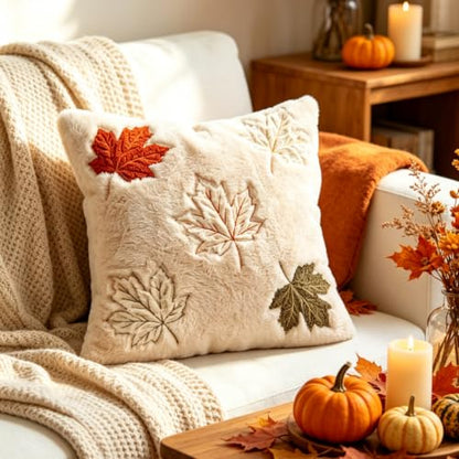 Fall Halloween 18x18 Inch Pillow Cover - Autumn Farmhouse Decor, Cozy Fluffy Throw Cushion with Maple Leaf Embroidery, Colorful, Pack of 1