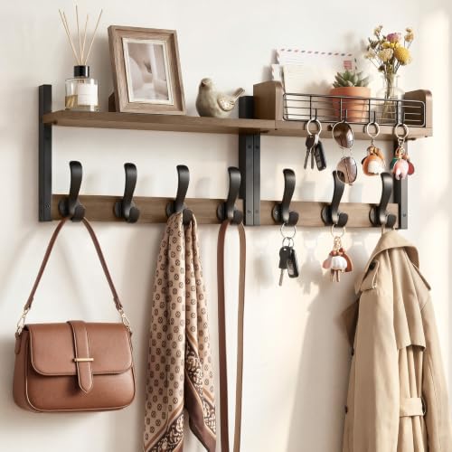 Brown 29-Inch Wall-Mount Coat Rack with Shelf and 11 Hooks - Wooden Entryway Organizer