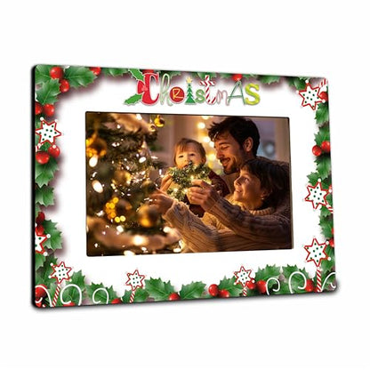 Merry Christmas Floral Photo Frame Fits 4x6 Inch Pictures Wooden Decor Home Office Party
