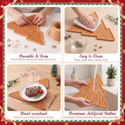 Brown Christmas Tree Placemats Set of 4 - Rattan Woven Holiday Table Decor