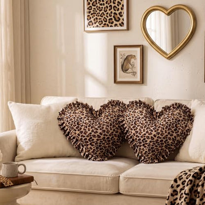 Fumete 2 Pcs Leopard Heart Pillow Set - Ruffles Brown 16 Inch