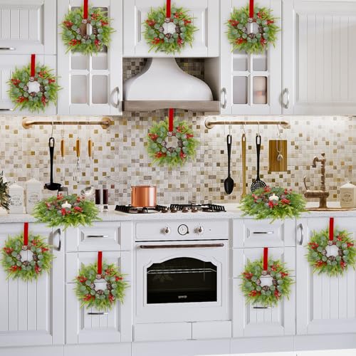 Green 6 Pcs Small Christmas Wreaths for Cabinets with Red Ribbon & Berries