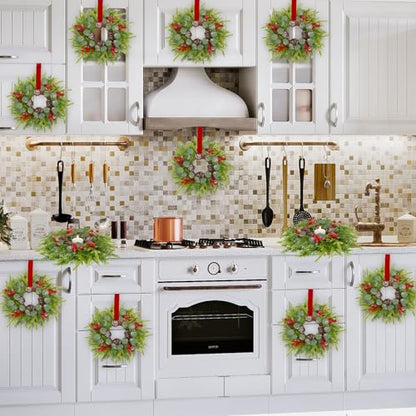 Green 6 Pcs Small Christmas Wreaths for Cabinets with Red Ribbon & Berries