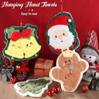 Christmas Hand Towels Set with Hanging Loop - Santa Gingerbread Tree Square - 4 pcs