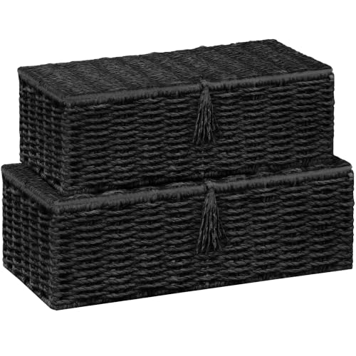 Black Wicker Storage Baskets with Lids - Set of 2 Handwoven Organizers
