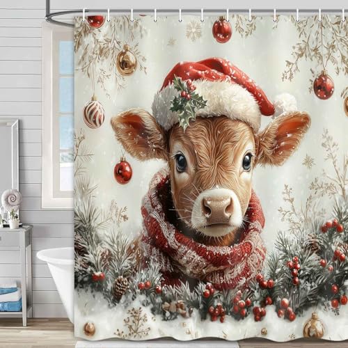 Beige Christmas Shower Curtain with Highland Cow Winter Holiday Decor 72x72 Inch