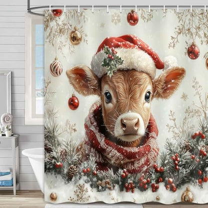 Beige Christmas Shower Curtain with Highland Cow Winter Holiday Decor 72x72 Inch