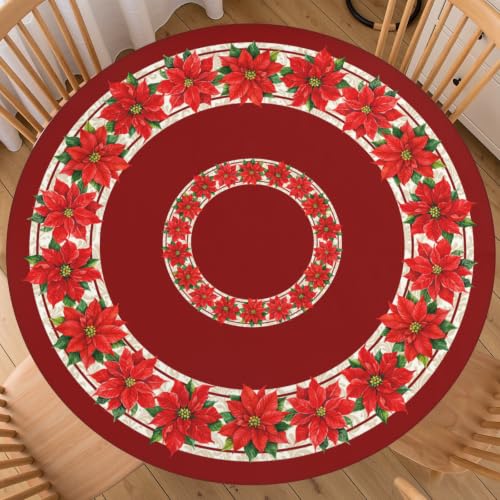 Christmas Round Fitted Tablecloth 43 Inch with Elastic Red Floral Design