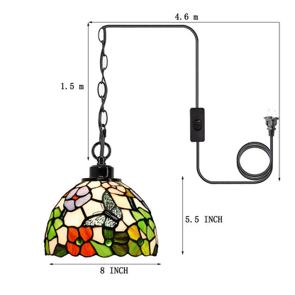 ZJART Small Tiffany Pendant Light Plug in Stained Glass Swag Lamp 8X8X181 Inch Hanging Lamp (Flowers Butterfly for Dining Room Living Room