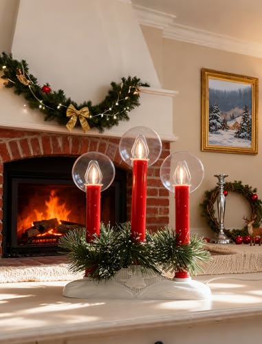 Christmas Window Candles Set - Red Electric Candle Lights with 3 Bulbs - Safe & Flicker-Free, Plug-In Holiday Decor