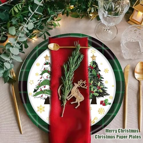 Christmas Green Plaid Paper Plates Set of 24 - Holiday Disposable Dinnerware
