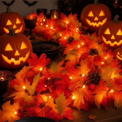 Lush Fall Garland with Lights, Pinecones & Berries - 108 Inches, Connectable, UL Certified