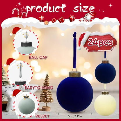 3.15 Inch Velvet Christmas Ornaments Bulk - Beige, Haze Blue & Navy Blue, 24 Pack