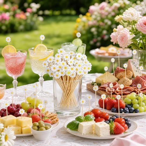 Daisy Cocktail Picks 100 Pack - 4.7 Inch Bamboo Appetizer Skewers for Party
