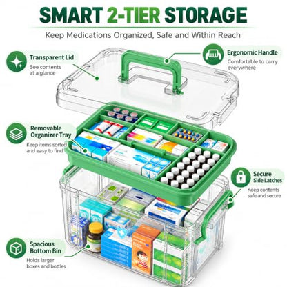 15QT Clear Plastic Medicine Organizer with Handle & Tray for First Aid, Medications, and Storage