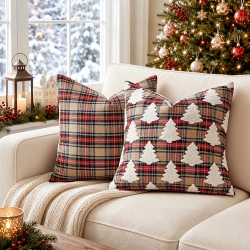 Christmas Pillow Covers 20x20 Set of 2 Khaki Plaid Tuffed Holiday Decor
