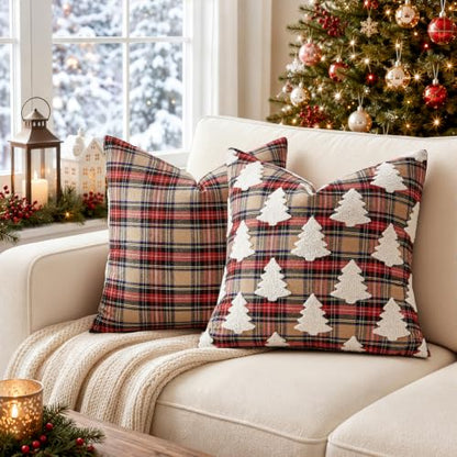 Christmas Pillow Covers 20x20 Set of 2 Khaki Plaid Tuffed Holiday Decor
