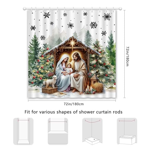 Christmas Birth of Jesus Shower Curtain with Snowflake Forest Design - Waterproof Polyester, 72x72 in