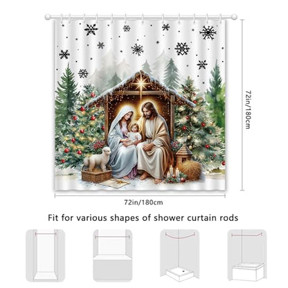 Christmas Birth of Jesus Shower Curtain with Snowflake Forest Design - Waterproof Polyester, 72x72 in