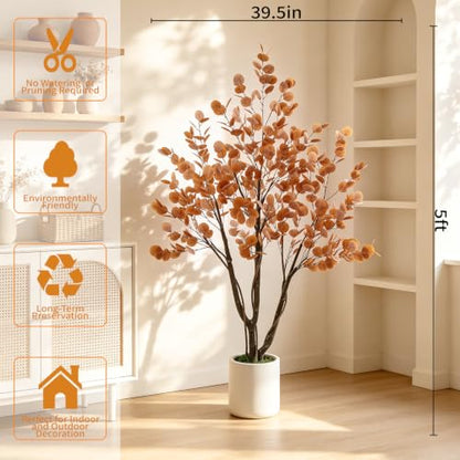 Artificial Fall Eucalyptus Tree 5FT - Indoor Outdoor Faux Tree with Natural Trunk - Fall Eucalyptus Variation
