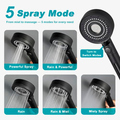 Handheld Filter RV Shower Head with Hose - Black, 5 Spray Modes, Water Saving