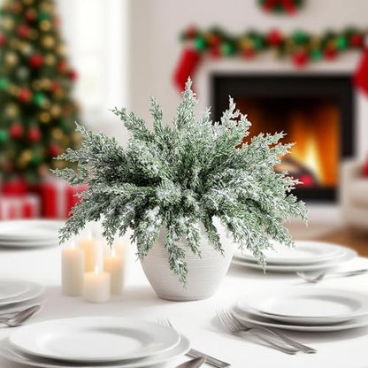Snowy Artificial Christmas Pine Branches - 10 Pcs Faux Xmas Decor Sprigs, Style of Snowy