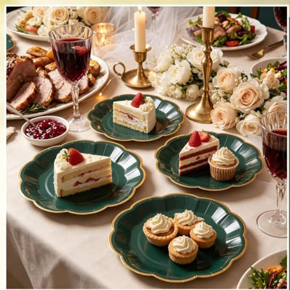 Green Paper Plates with Gold Trim - 7 Inch Scalloped Dinner Plates, Pack of 30 (Variation: Green / 7 Inch)
