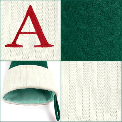 Large Green and White Christmas Stocking with Initial Letter C - 20 Inches Knit Embroidered Monogram Holiday Decor, Family Gift